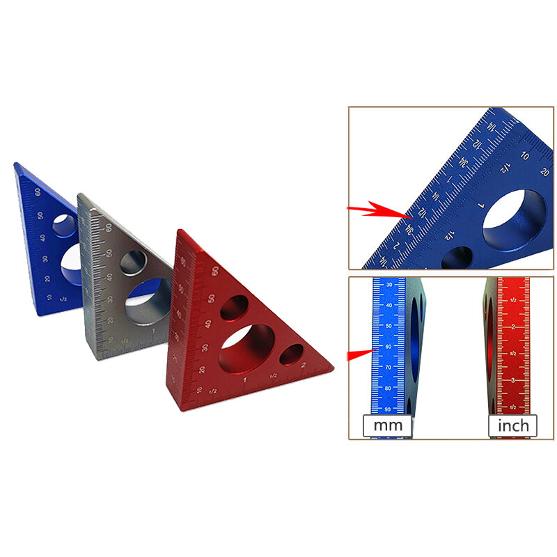 Regla triangular para carpintería, escala métrica de 45/90 grados/pulgada, regla de ángulo de precisión, regla de altura de aleación de aluminio cuadrada, bricolaje, también, 1 unidad