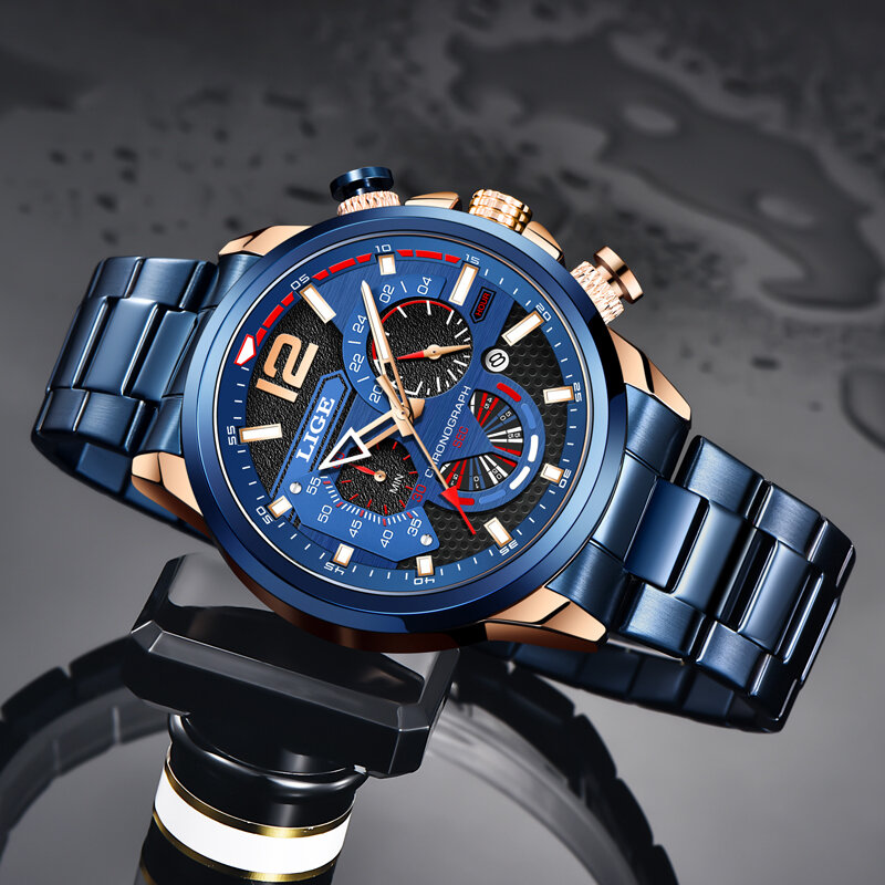 Lige rvs horloges heren luxe big watch heren waterdicht quartz polshorloge sport chronograaf klok relogio masculino