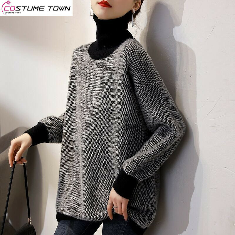 Sweater pulover Korea leher tinggi, Sweater rajut lembut dan malas, pakaian luar longgar tebal musim gugur dan musim dingin 2023
