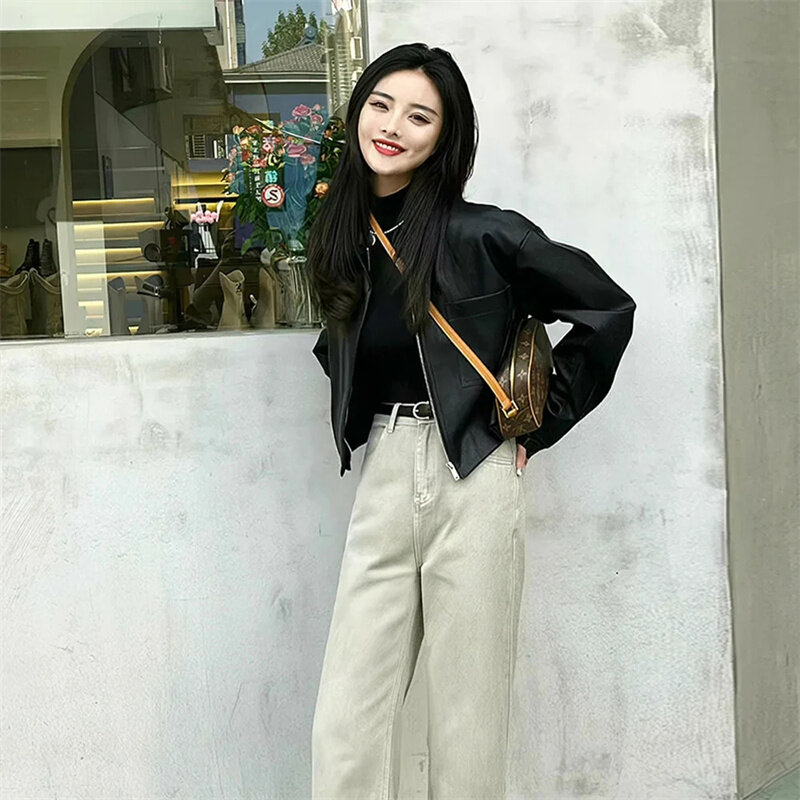 Jaqueta de couro PU preta feminina, casaco curto de couro sintético, outerwear chique retrô, tendência feminina, moda coreana, nova, primavera