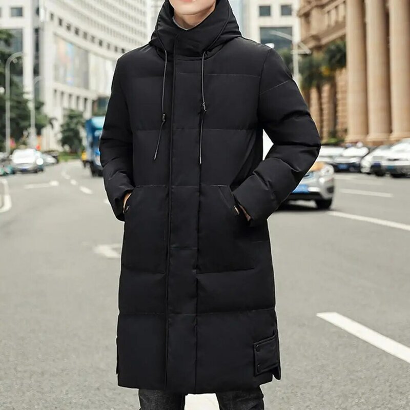 Zimowa męska wygodna modna przystojna średniej długości puchowa kurtka z kapturem, gruba ocieplana kurtka utrzymuj ciepło rozpinana męska kurtka zimowa