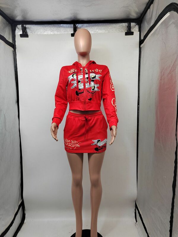 Verkürzte Hoodie Jacken Tops 2 Stück Rock Sets elegantes Mini kleid 2024 Sommerkleid ung sexy Outfit Grafik Shirts zweiteilige Sets