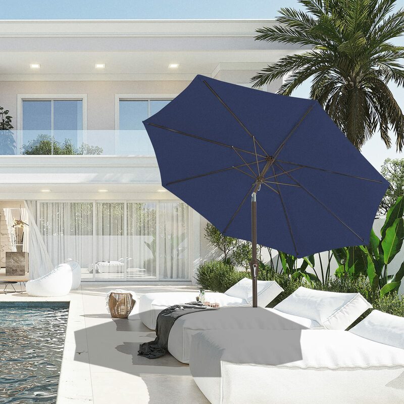 Parapluie de table d'extérieur bleu marine, 8 nervures robustes, protection UV, imperméable, marché, jardin, 9 pieds