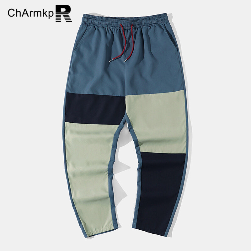 Letnie ChArmkpR 2024 męskie spodnie Color Block patchworkowe ściągany sznurkiem w pasie luźne spodnie na co dzień długie spodnie spodnie dresowe Streetwear