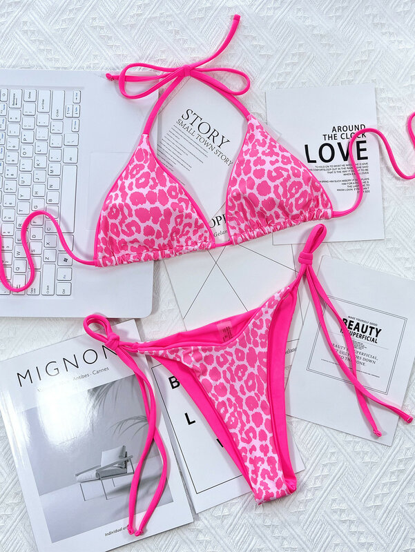 Maillot de bain deux pièces à lacets pour femmes, bikini triangle enveloppé léopard, micro ensembles sexy, tenues de plage, 2024