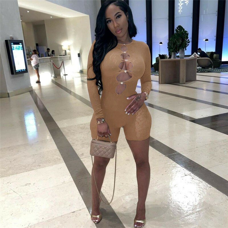 Sexy Hollow Out Bodycon Women Jumpsuit Spring O Neck Long Sleeve Transparent Diamonds One Piece Night Club See Through Romper