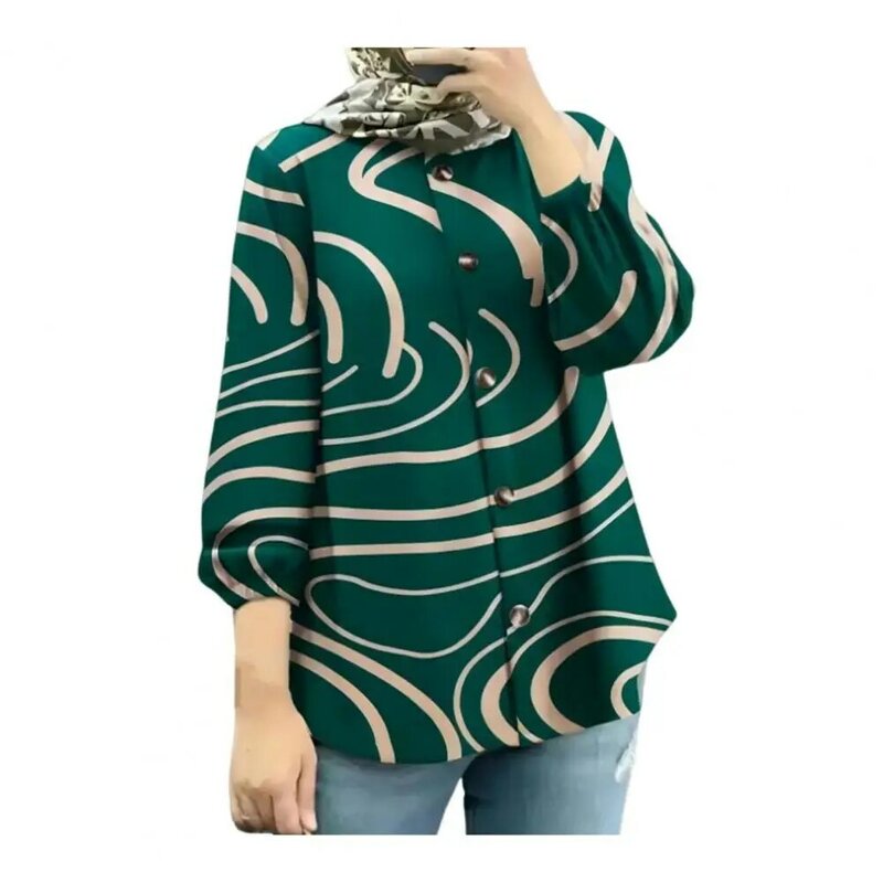 Women Retro Shirt Robe Geometric Pattern Retro Shirt for Women with Puff Sleeves Button Closure Loose Fit O-neck Top for Women