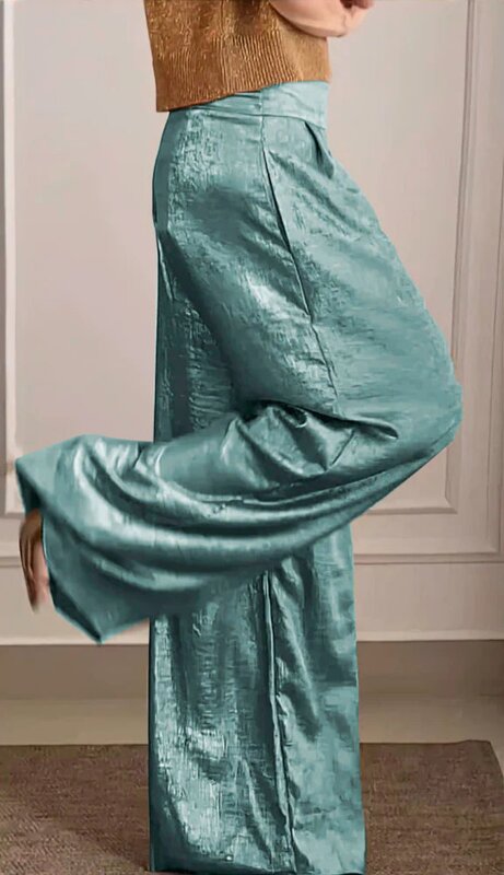 Летний Женский Повседневный однотонный Яркий шелковый топ, широкие брюки, комплект из двух предметов для женщин