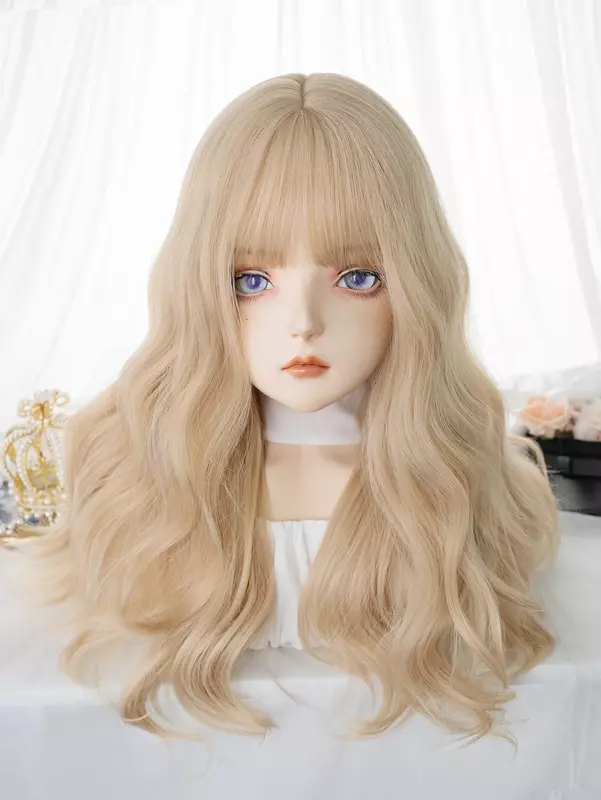 24Inch Blonde Gold Color Synthetic Wigs With Bang Long Natural Wavy Hair Wig For Women Daily Cosplay Party Heat Resistant Lolita