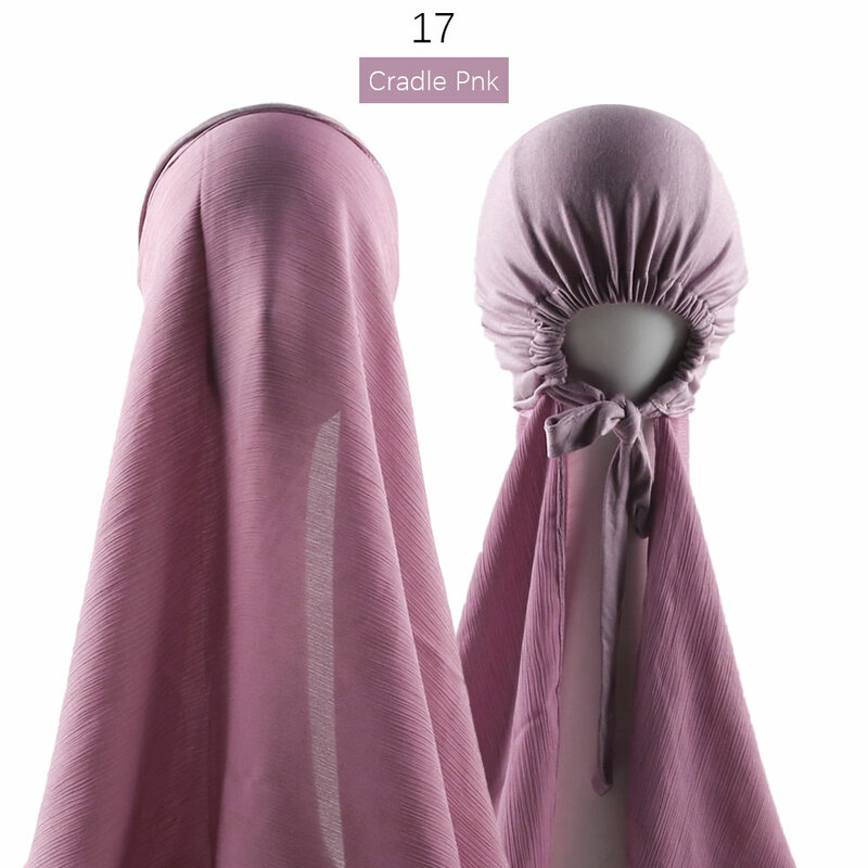 Instant muzułmanki marszczony satynowy jedwabny hidżab z czapkami hidżabs szale satynowa marszczona szala z wewnętrzną czapką