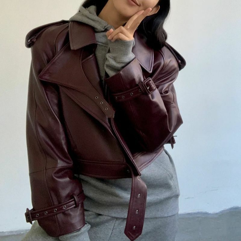 Autumn Winter Biker Coat Turndown Collar Loose Streetwear Women's Genuine Leather Jackets Motorcycle Female Outerwear TF5796