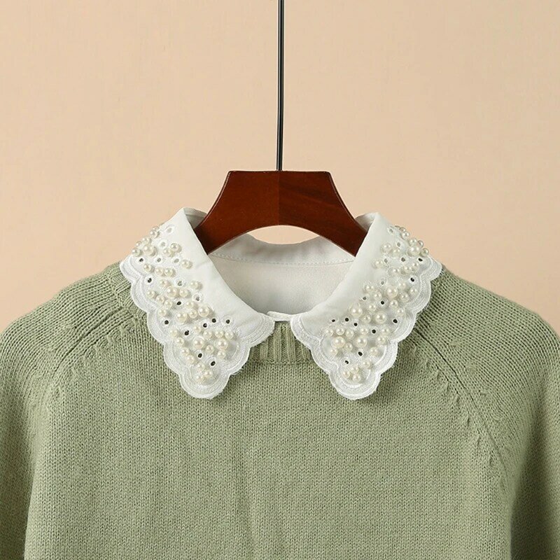 Imitation Pearl Beaded Fake Collar for Women Detachable White Dickey Blouse Hollow Out Embroidery Scalloped Half Shirt