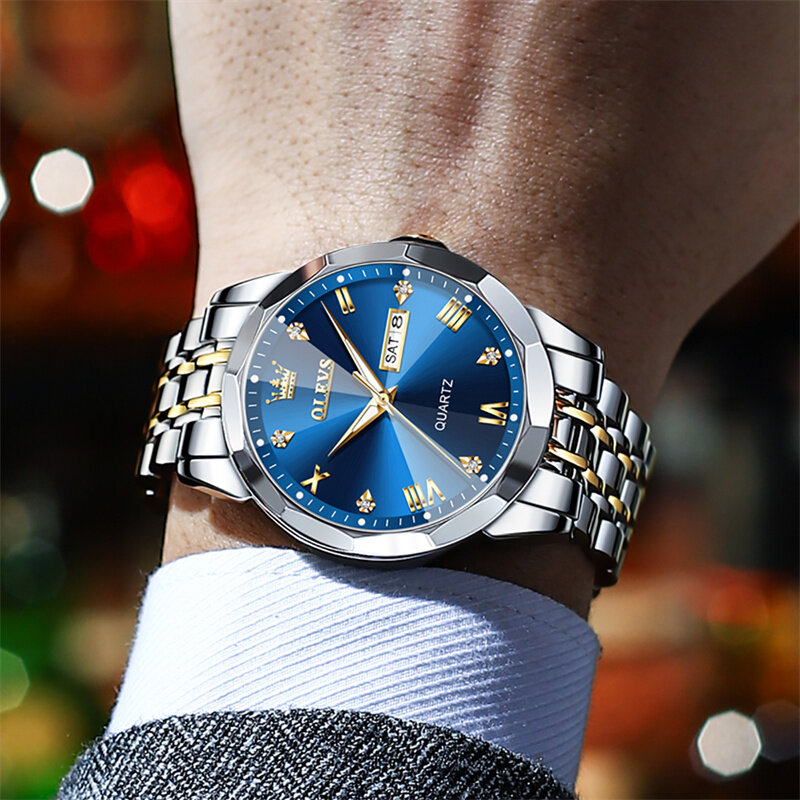 OLEVS-Relojes de pulsera de acero inoxidable con manecillas luminosas para parejas, marca de moda, relojes clásicos simples para amantes