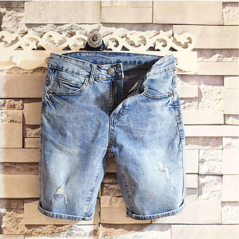 Summer Slim Fit Men's Beggar Hole Washing Denim Shorts Korean Fashion Straight 5-point Jeans Pants