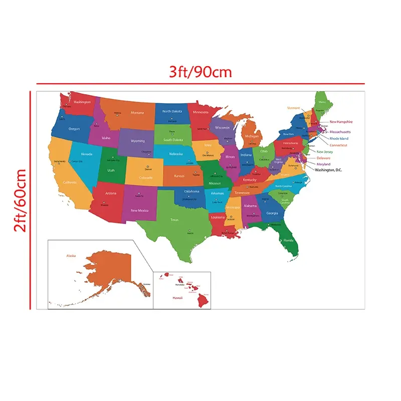 90*60 سنتيمتر الولايات المتحدة خريطة غير المنسوجة قماش لوحات الحائط الملصقات الزخرفية و يطبع غرفة ديكور المنزل اللوازم المدرسية