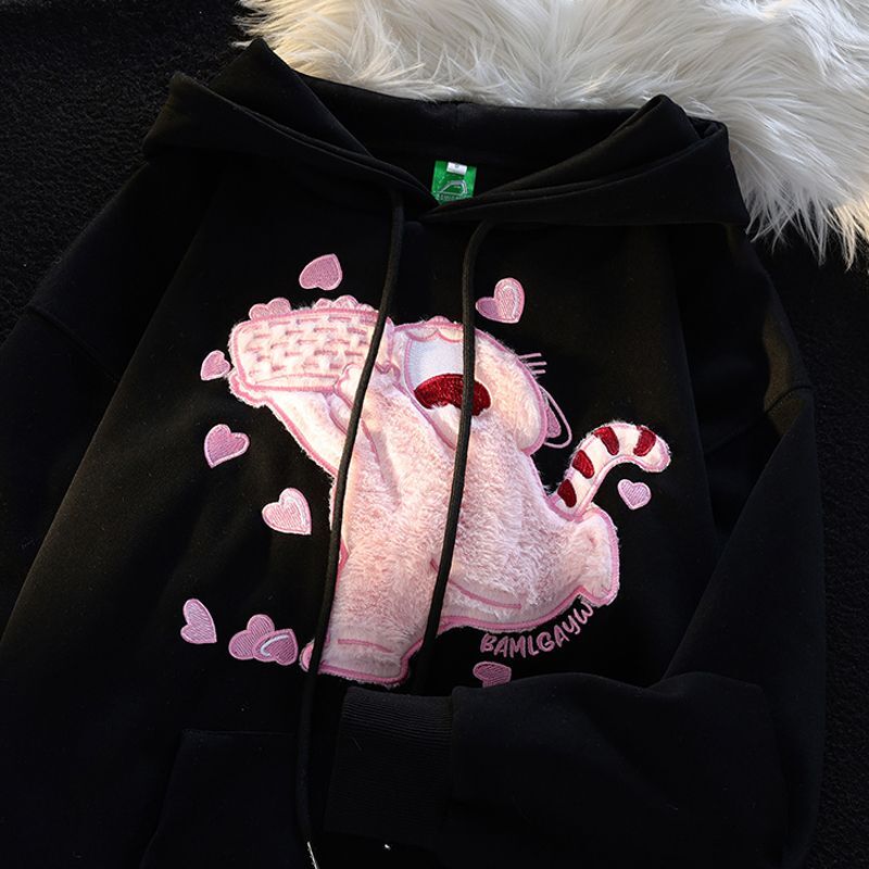 2023 New Korean Edition Hooded Autumn Embroidery Flocking Cartoon Sweater Women's Loose Versatile Casual Hoodie Slouchy Top