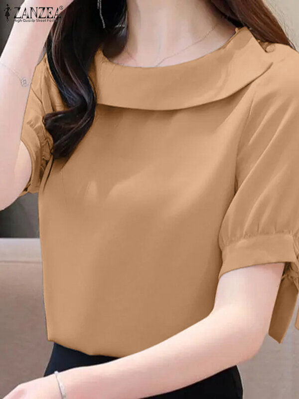 ZANZEA-Blusa de manga corta con cordones para mujer, camisa elegante de trabajo, lisa, a la moda, para fiesta, verano, 2024