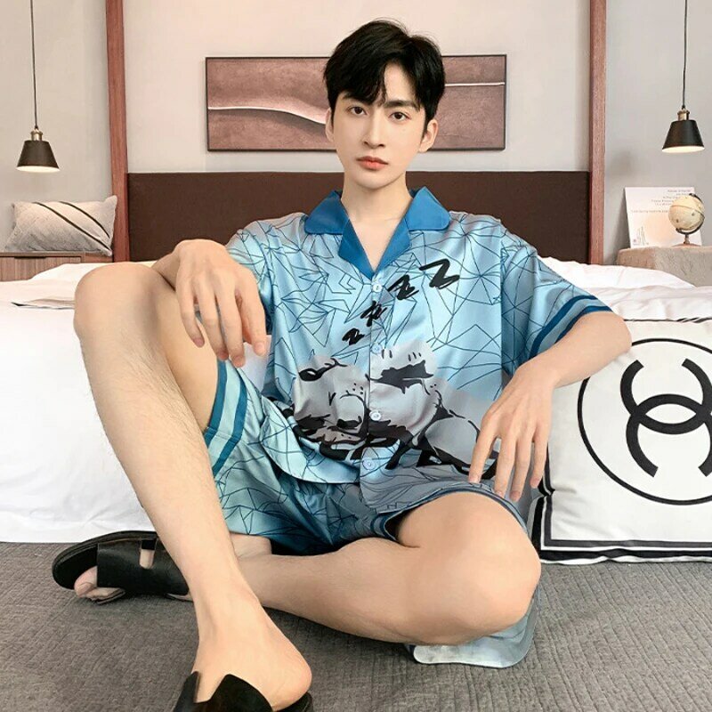Conjunto de pijamas de seda moda coreana masculina, pijama de verão, pijama curto, cashwear cardigan, tamanho grande 3XL
