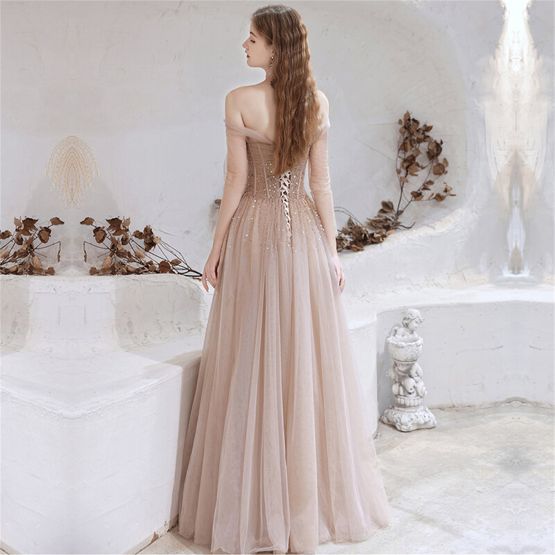 화려한 이브닝 드레스, 2023 누드 핑크 섹시 오프 숄더 구슬 장식, 긴 소매 스팽글 정장 가운