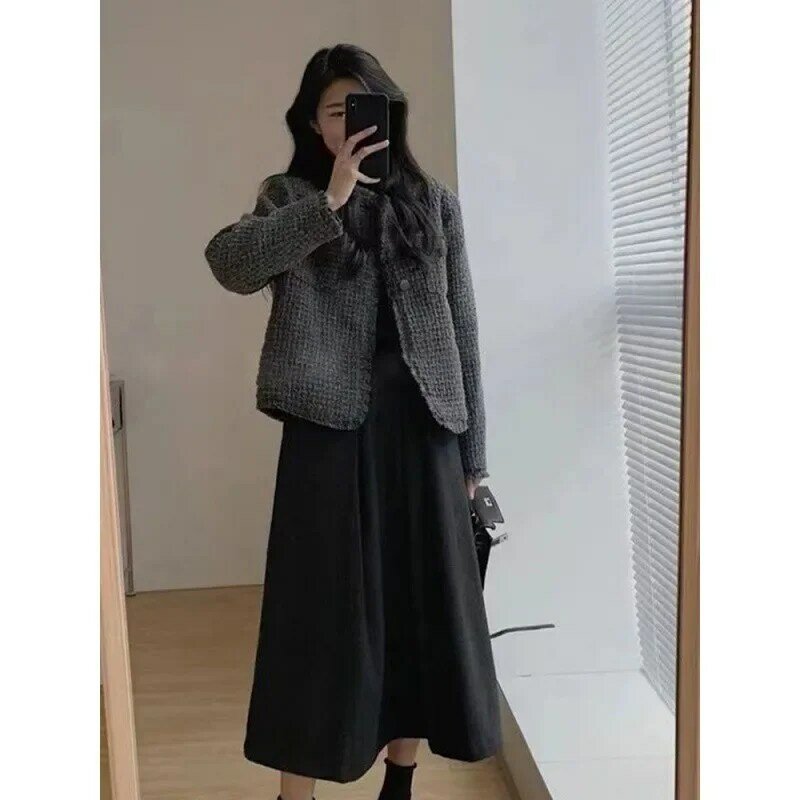 Jaqueta feminina acolchoada com franja cinza, casaco de manga comprida, mistura de lã, roupa feminina, outono