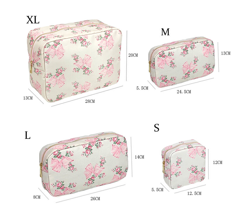 S M L XL Makeup Bag Pink Printed Bow Toiletry Pouch Waterproof Women Storage Nylon Outdoor Girl Travel Makeup Bag Organizer