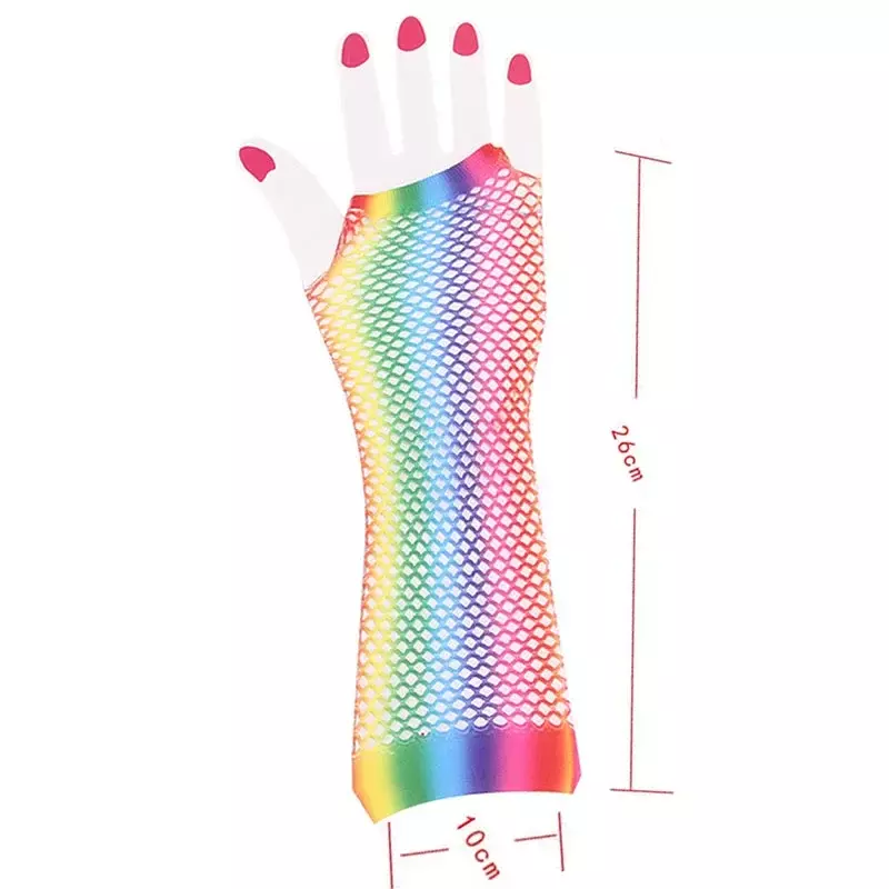 Women Rainbow Color Sexy Mesh Net Fishnet Gloves Gothic Hollow Out Holes Fingerless Gloves Lady Disco Dance Costume Mitten