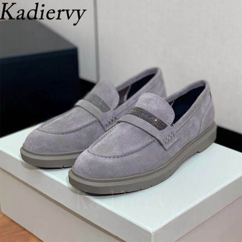 Classics Flat Shoes Women Luxury Cow Suede Chain String Bead Round Toe Slip-on Walk Shoes Female Casual Comfort Loafers Woman