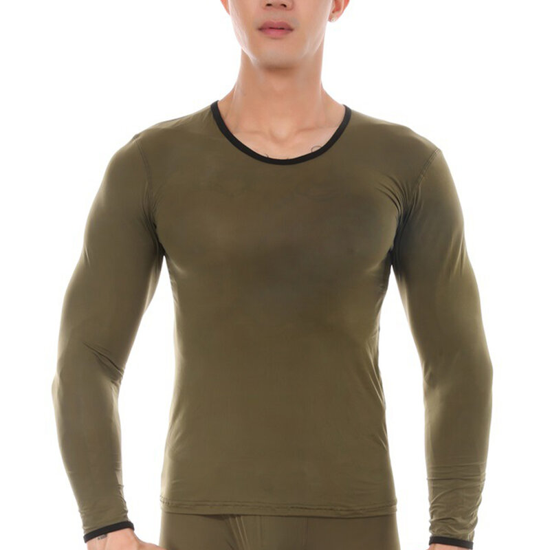 Tops de roupa interior térmica sexy masculina, camiseta longa com gola redonda, camisa macia com fundo fino, roupa interior respirável apertada fina, pijama de outono