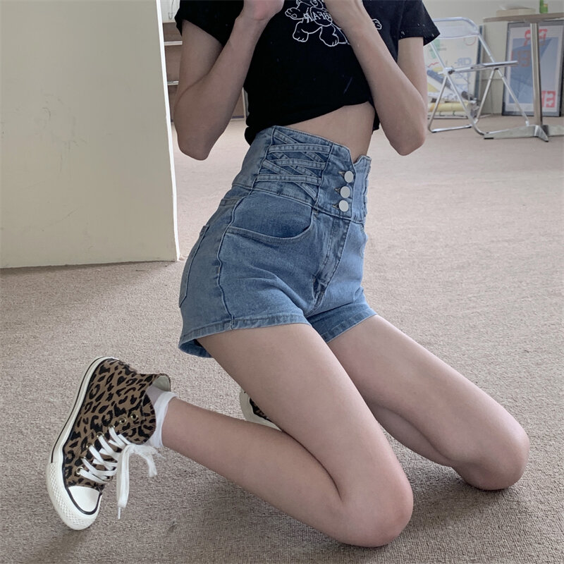 Large Size Women Denim Shorts High Waist Solid Color Slim Fit Single-Breasted Hot Pants Summer Casual Short Jeans Female