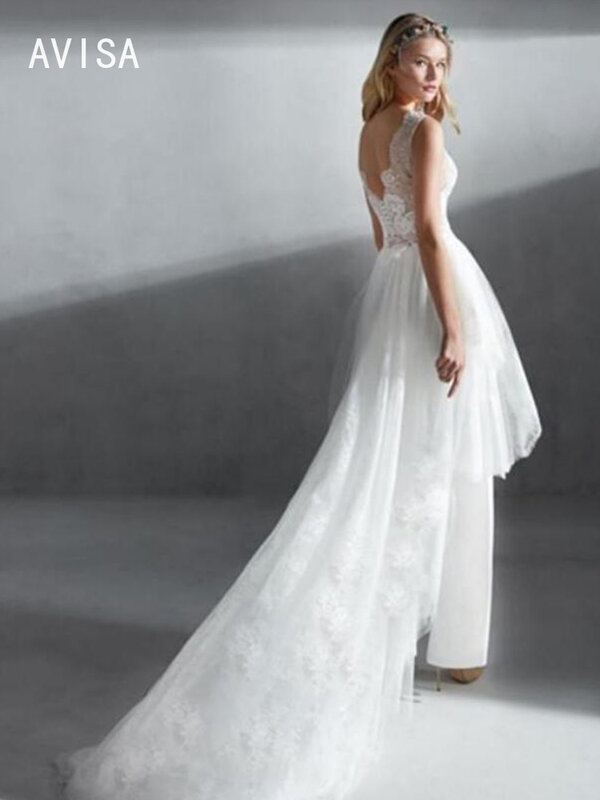Elegant Beach V Neck 2 IN 1 Jumpsuits Zipper 2024 Wedding Dresses For Woman Sleeveless Lace Bridal Gowns vestido de novia