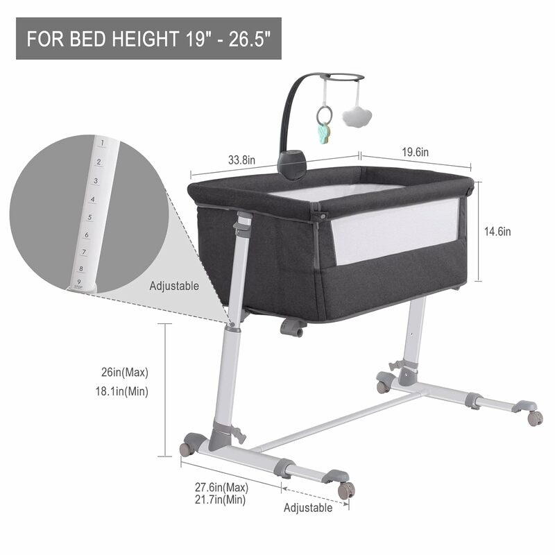 Wheels and Music Box, Height Adjustable fit for Bed Height 19" - 26.5", Portable, Dark Gray