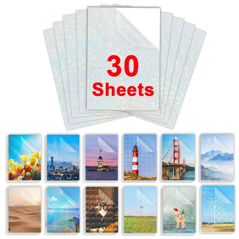 30Sheets Cold Laminating Flim A4 Waterproof Self-adhesive Paper film Broken Glass Stars DIY Package Card Photo Holographic Film