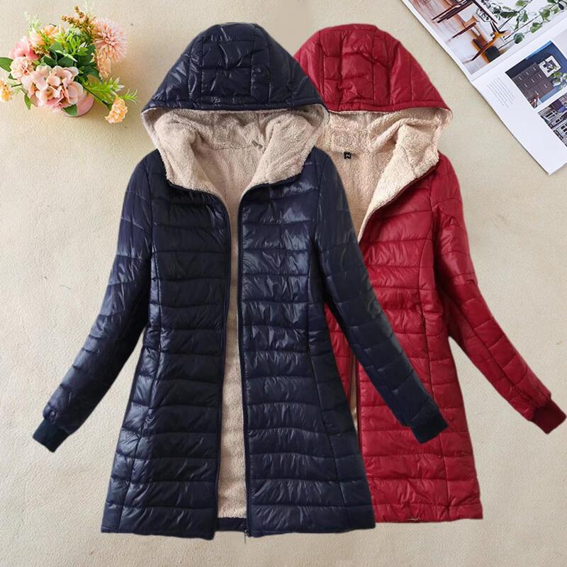 Hooded Wool Liner Women Parkas 2023 Winter Jacket Fur Warm Padded Cardigan Mid-length Jackets Office Ladies Autumn Jackets