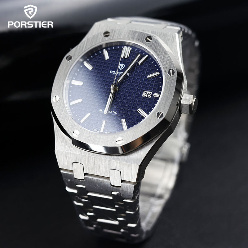 PORSTIER-Relógio Mecânico de Luxo para Homens, Relógios Automáticos, Mostrador Luminoso, Sapphire, Aço Inoxidável, Relógio Impermeável, 41mm, NH35, Novo