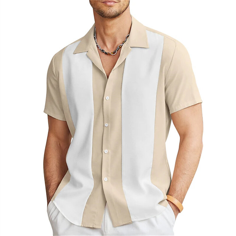Chemise de bowling à manches courtes pour hommes, chemise décontractée à boutons, revers de couleur assortis, quotidien de rue, 6 couleurs, mode estivale, 2023