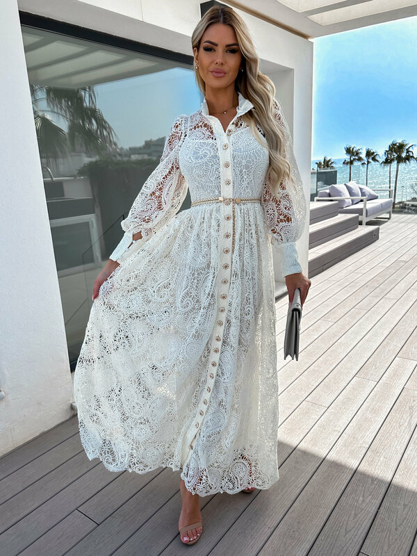 Women Chic Button Draped Pleated Maxi Dresses Fashion Elegant New Lace Embroidered Dress Spring Hollow Out Pattern Commute Dress