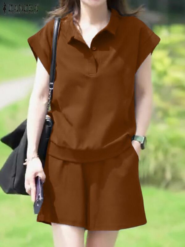 Zanzea เสื้อทำงานผู้หญิง2ชิ้นสำหรับฤดูร้อนเสื้อเบลาส์แขนสั้นคอปกชุดกางเกงสั้นชุดวอร์มแฟชั่น