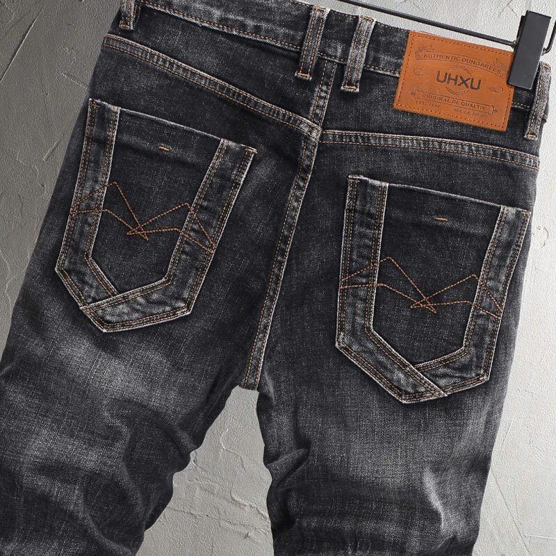 Fashion Designer Men Jeans High Quality Retro Black Gray Stretch Slim Fit Ripped Jeans Men Patched Vintage Casual Denim Pants