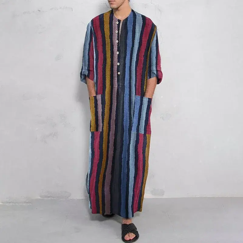 2023 Men's Muslim Long Sleeve Cotton Striped Robes Summer Islamic Arabian Kaftan Suit Middle East Dubai Abaya Retro