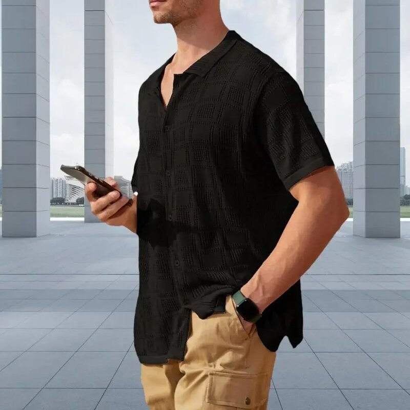 Рубашка мужская с отложным воротником, сорочка с короткими рукавами, однотонная дышащая с геометрическим узором, для работы и отпуска, лето