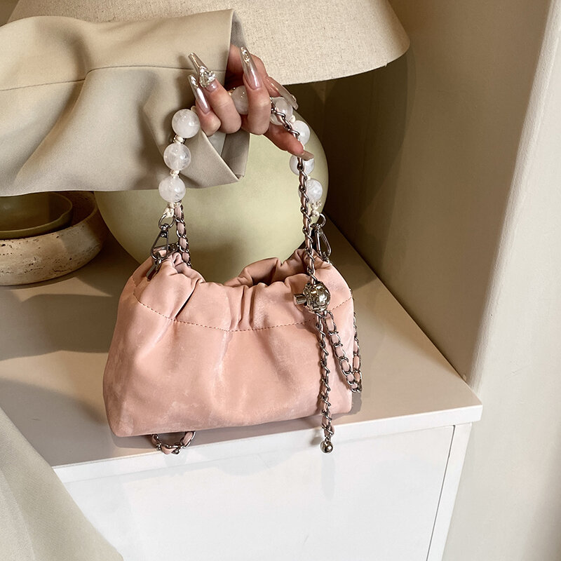 Linke Seite Perlen Pu Leder Umhängetaschen für Frauen einfache y2k koreanische Mode Handtaschen und Geldbörsen kleine Umhängetasche