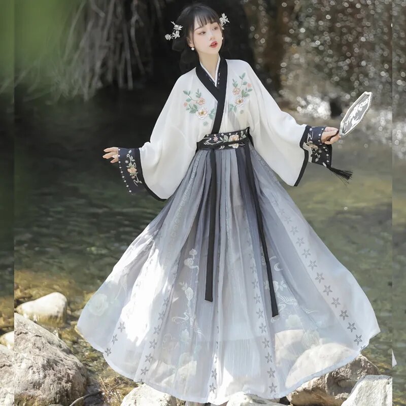정품 자수 한푸 여성, 우아한 허리 길이 스커트, 중국 스타일 댄스 의상, 용수철 가을