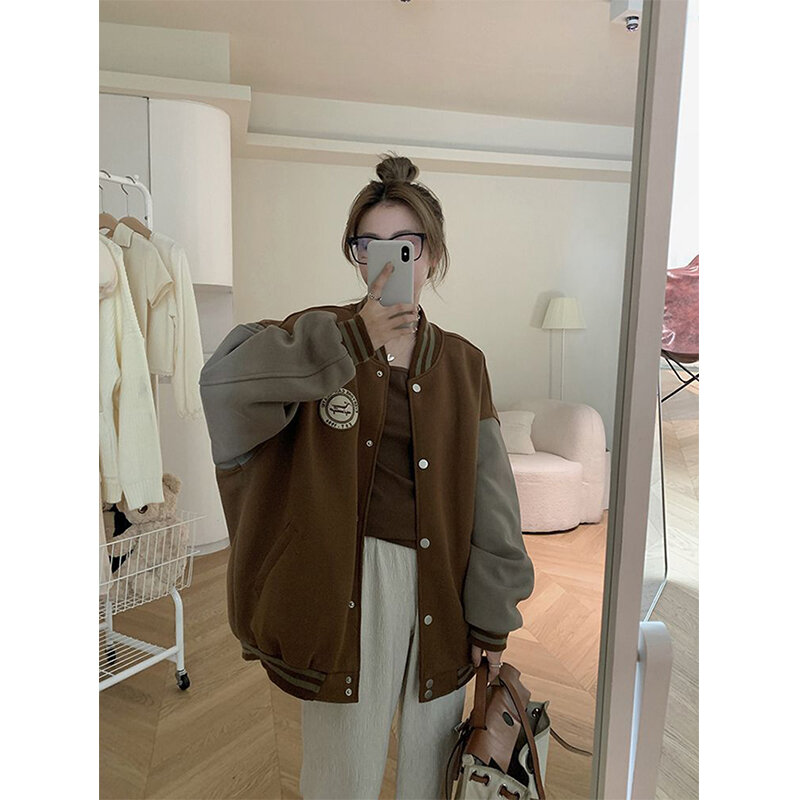 Streetwear Bomber giacche donna Harajuku uniforme da Baseball oversize spessi caldi cappotti Patchwork Vintage allentato Casual Outwear nuovo
