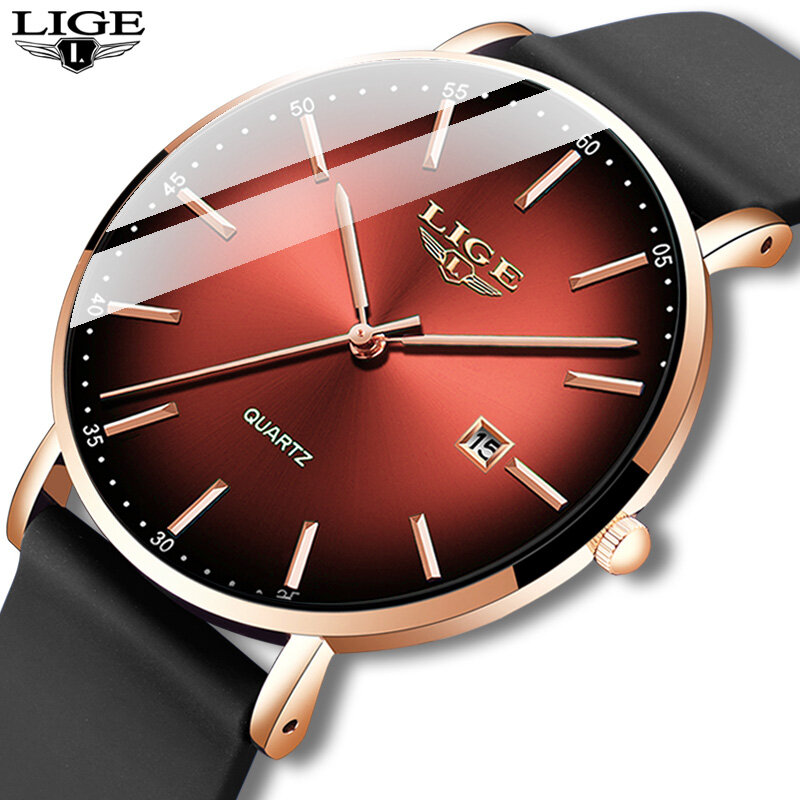 Часы наручные LIGE Мужские кварцевые, модные роскошные спортивные водонепроницаемые простые ультратонкие с коробкой