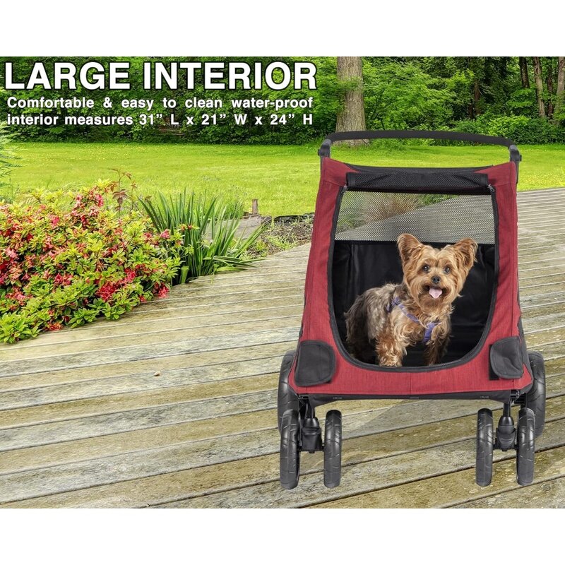 Dog Stroller Pet Jogger Wagon Foldable Cart with 4 Wheels, Adjustable Handle, Zipper Entry, Mesh Skylight Pet Stroller (Red)