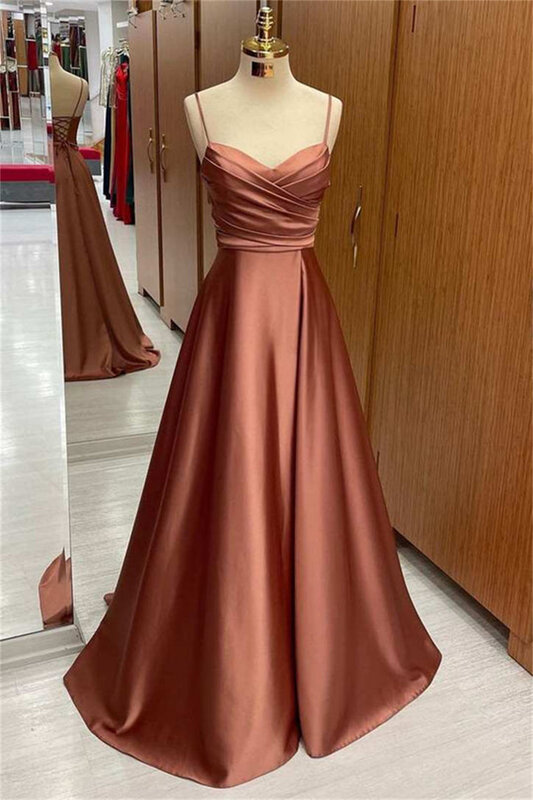 Spaghetti Straps V-Neck Bridesmaid Dress for Women Pleated Corset Sleeveless Formal Evening Dress A-line Floor-length Ball Gowns