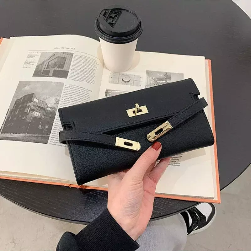 2024 Fashion Women's Wallet with Lychee Pattern and Lock Buckle Long Wallet Luxury Cowhide Solid Color Card Holder Coin Purse