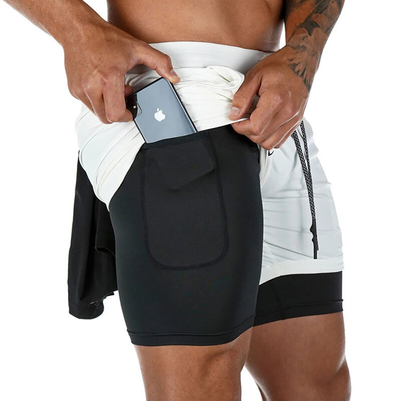 Pantalones cortos deportivos 2 en 1 para hombre, ropa deportiva de doble cubierta para gimnasio, Fitness, entrenamiento, parte inferior para trotar