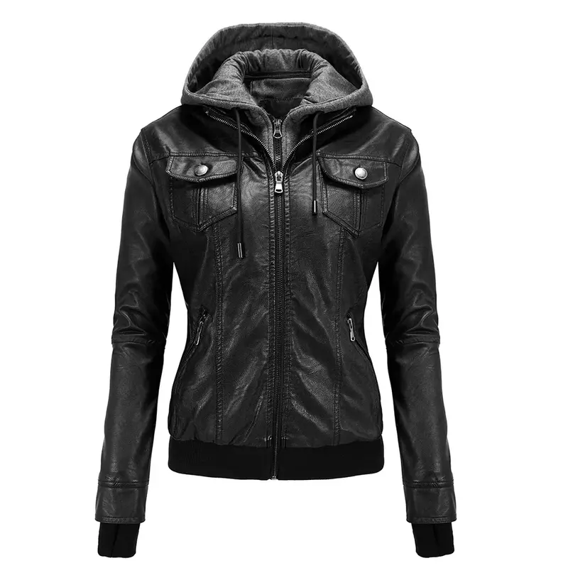 Hat Jackets Outwear Slim Fit Fleece-lined Y2K Women's Motorcycle Leather Jacket Coats Short Hooded Detachable Leather Coats