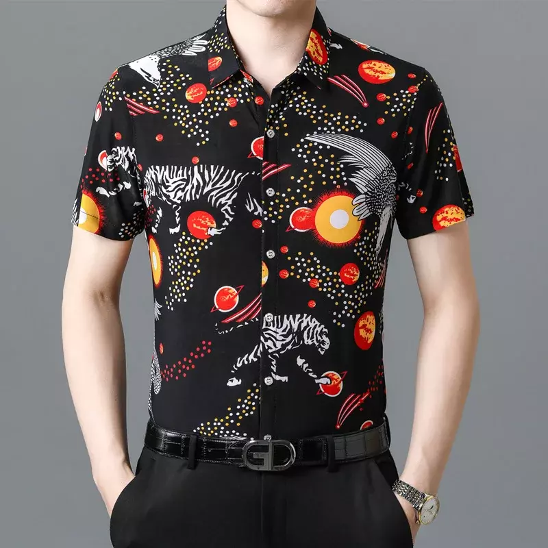 Рубашка с коротким рукавом из ледяного шелка, устойчивая к образованию складок повседневная мужская рубашка с принтом, новый стиль для лета